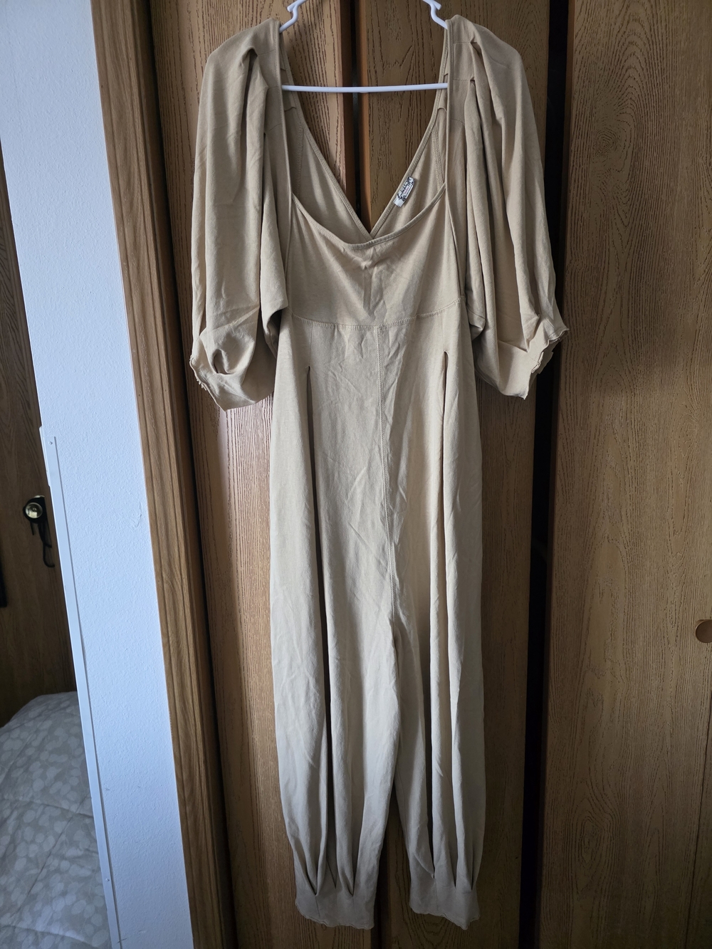 Free People Beige Draped Balloon-Sleeve Jumpsuit